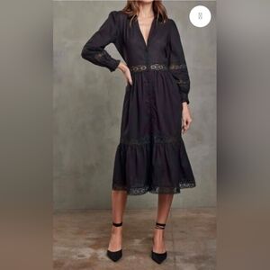 NWOT/ Unbranded Black V-Neck Lace-Trim Midi Dress Size 6